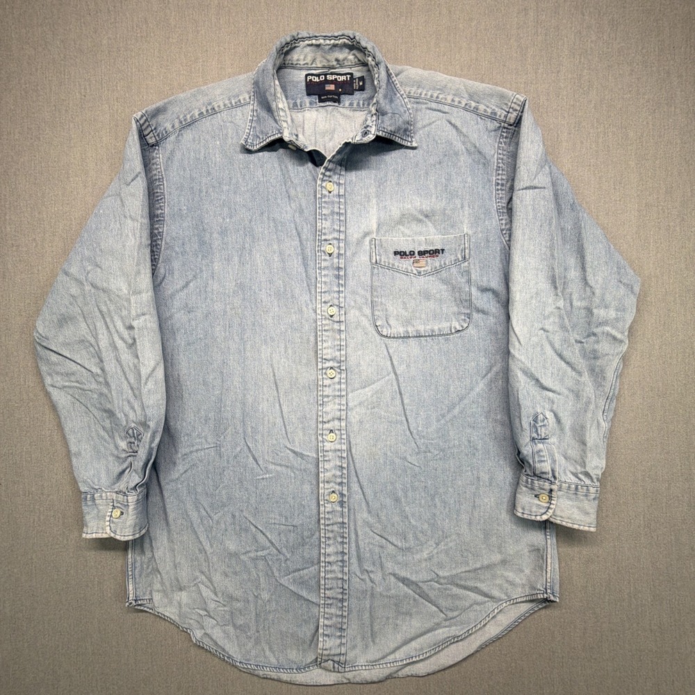 Vintage Ralph Lauren Sport Denim Button Down Shirt With Polo Logo Size‎ M